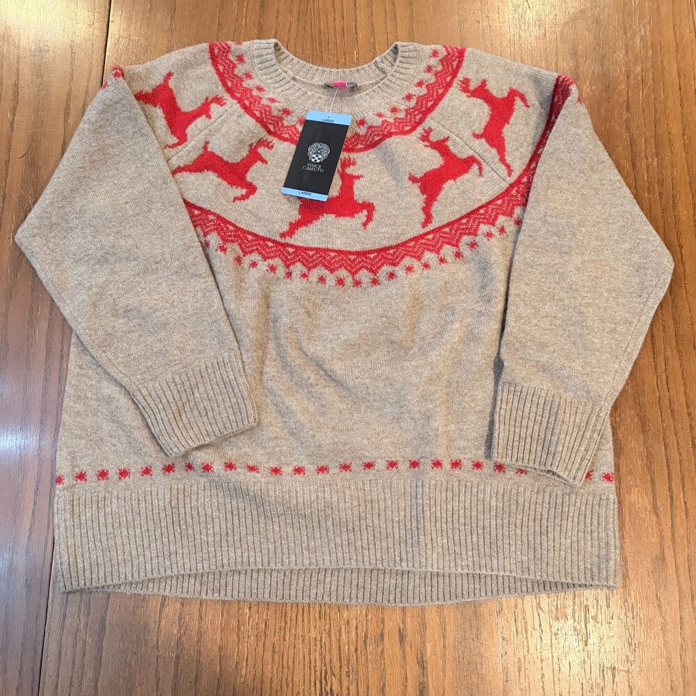 Vince Camuto Reindeer Fair Isle Holiday Sweater Brown Red Christmas L NWT